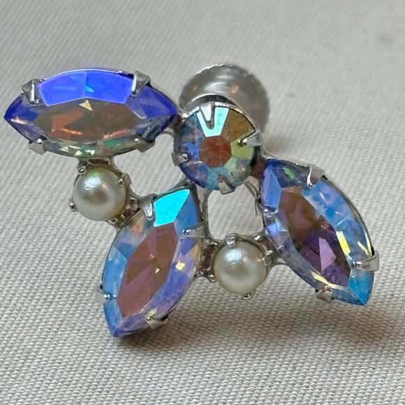 B. David Aurora Borealis Marquis Rhinestone Screw Back Clip On Vintage Earrings - Picture 9 of 12